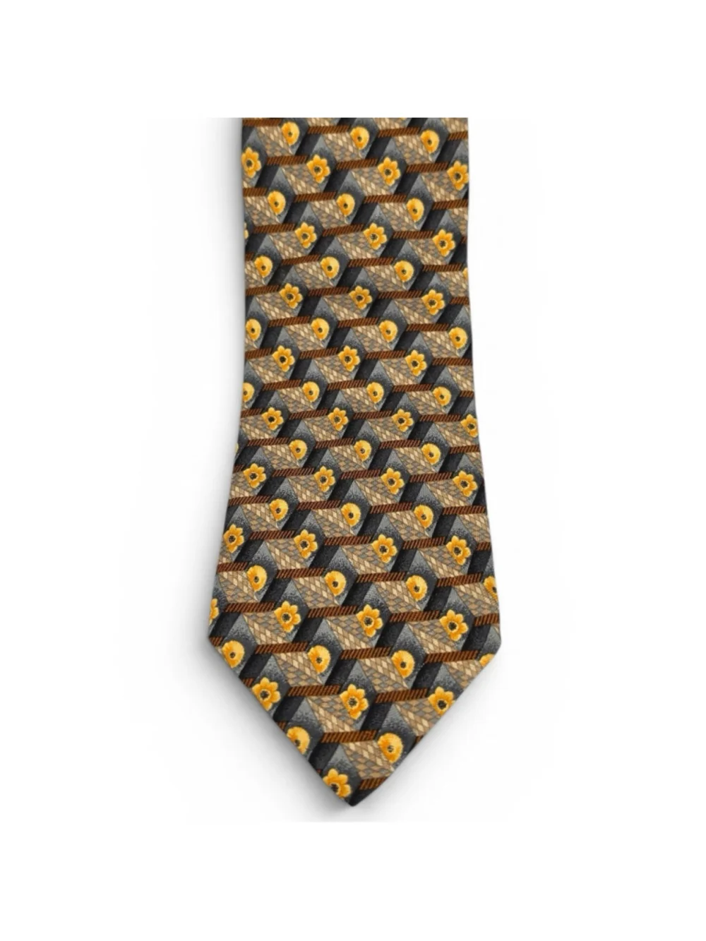 Ermenegildo Zegna Silk Tie Gray Gold Geometric Floral Italian Designer Tie